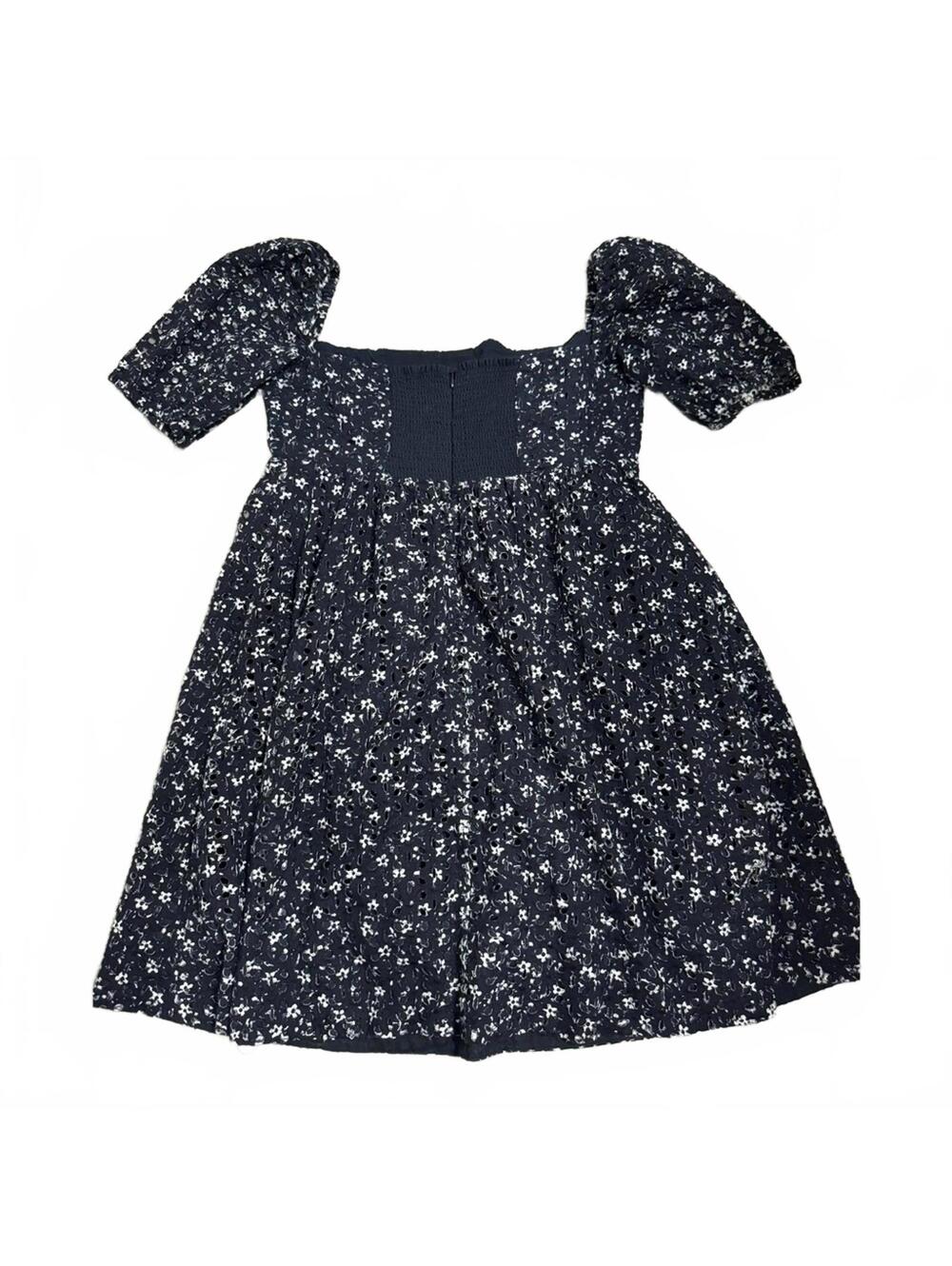 Anthropologie Maeve Navy Floral Eyelet Puff Sleeve Babydoll Mini Dress Sz 6 - Picture 4 of 9